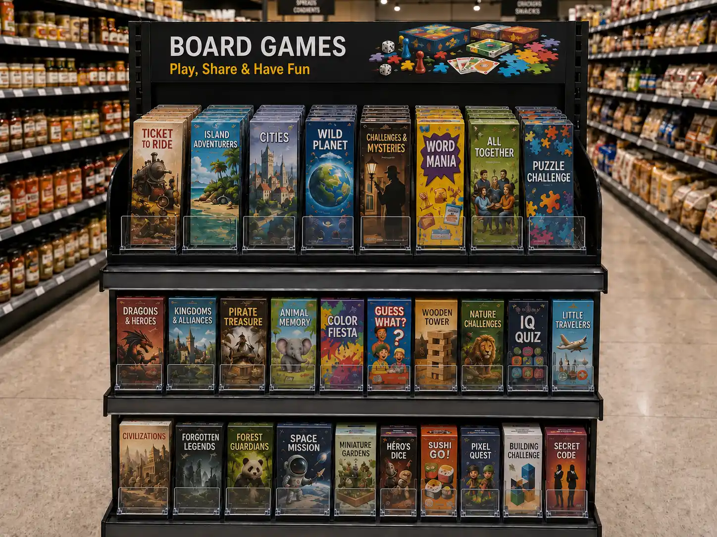 Îlot de jeux de société à trois paliers dans l'allée d'un magasin de jouets