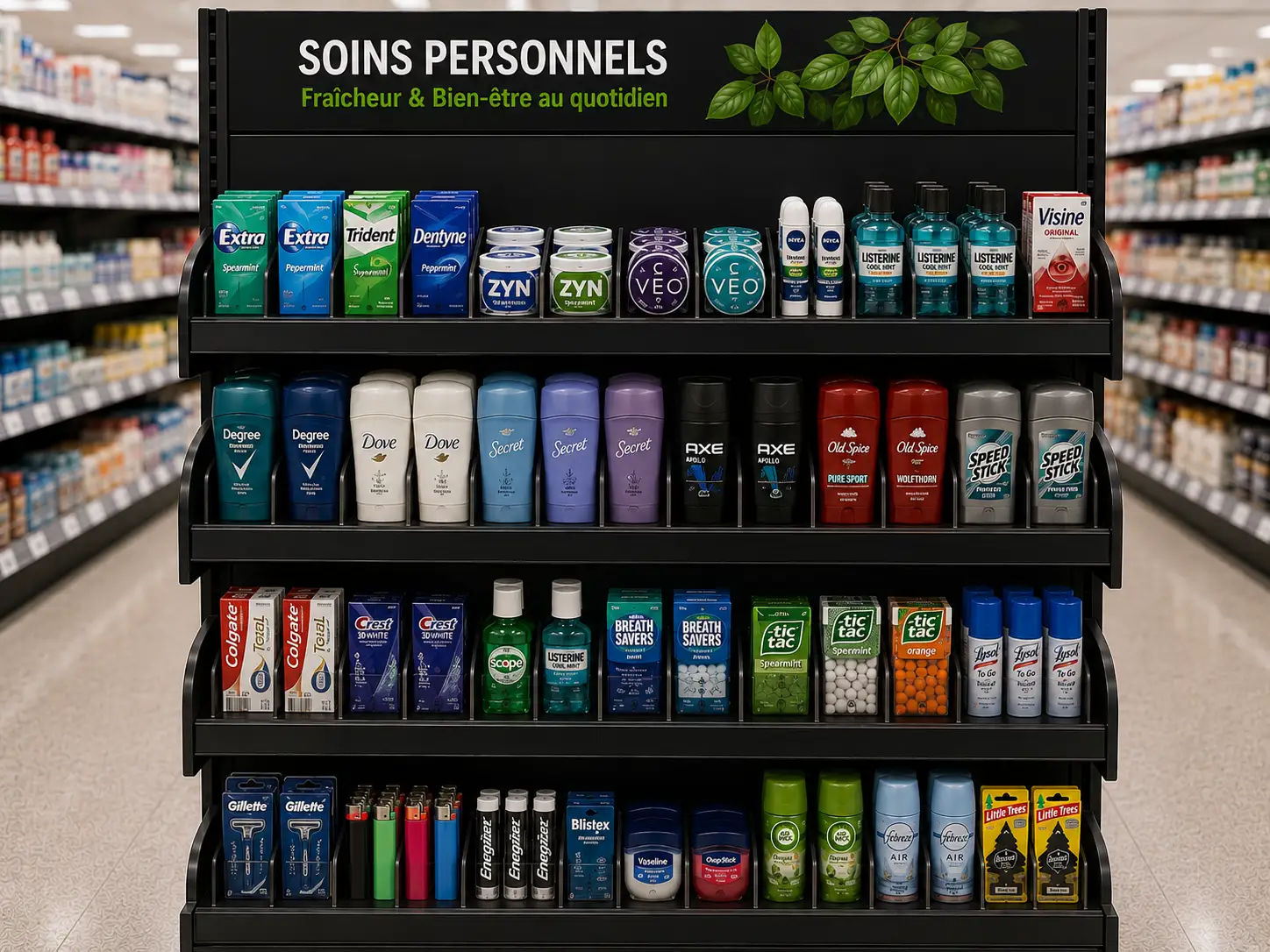 Deodorants on pusher shelf — Personal Care Shelf Management Systems | Concept P.O.S. Deodorants and personal care items pushed forward by spring-loaded shelf pushers