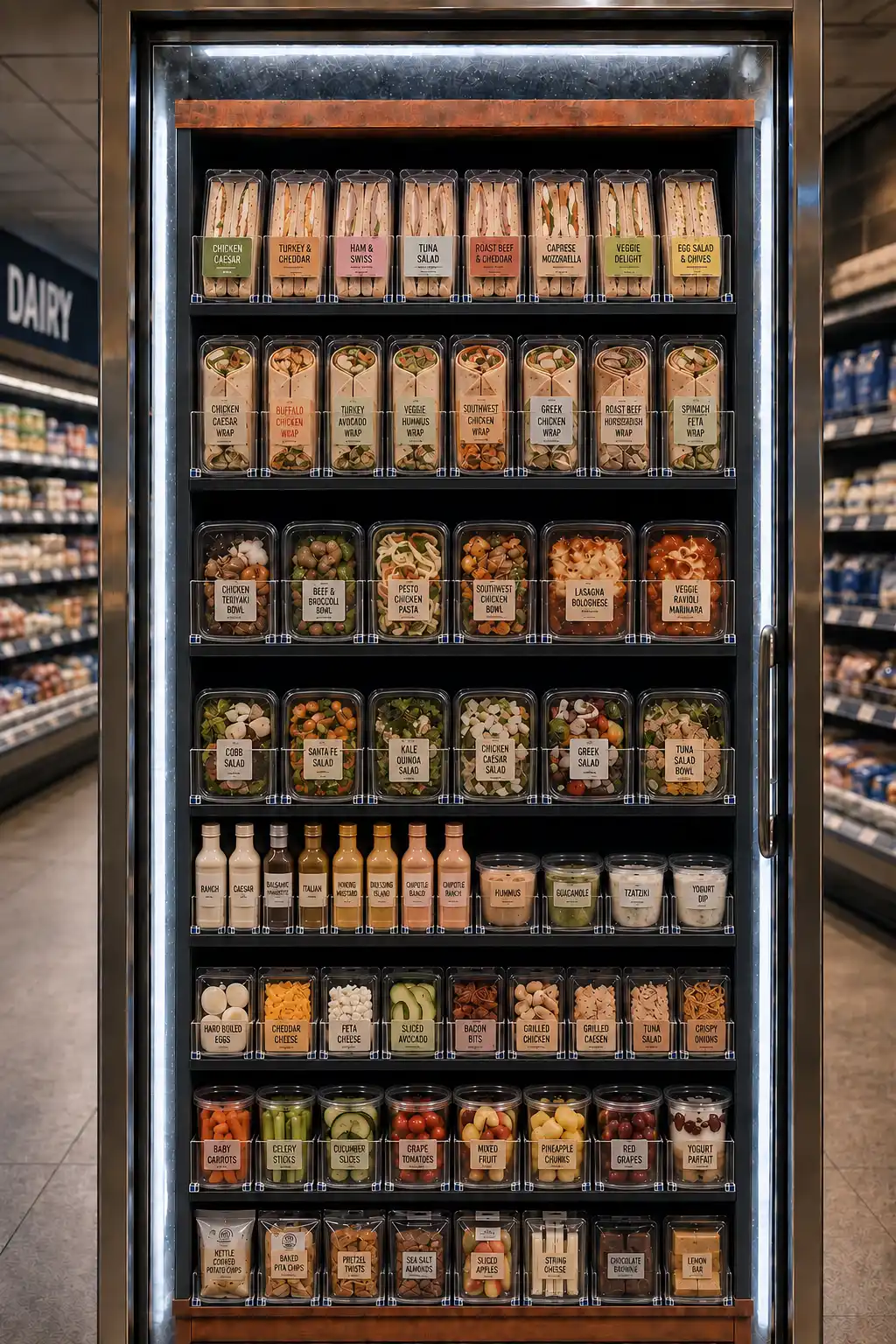 Inside a convenience store glass-door cooler, products pulled forward on every shelf