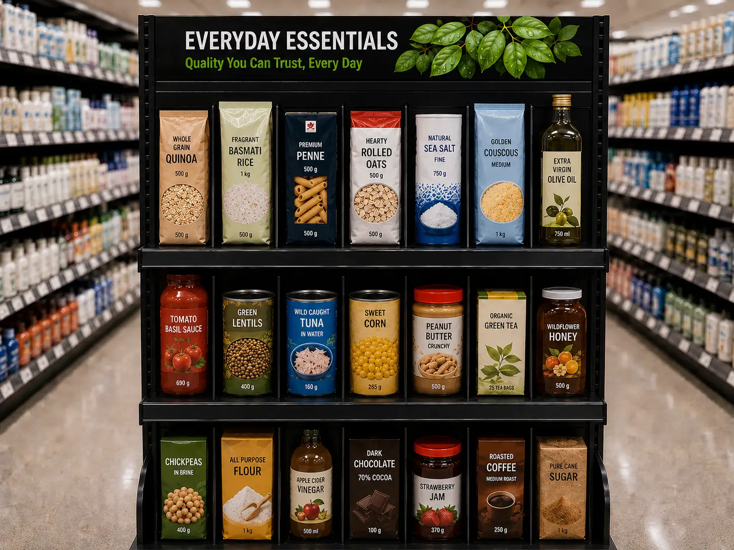 Rayon d'épicerie de grains et légumineuses, chaque sac avancé par un poussoir à tablette