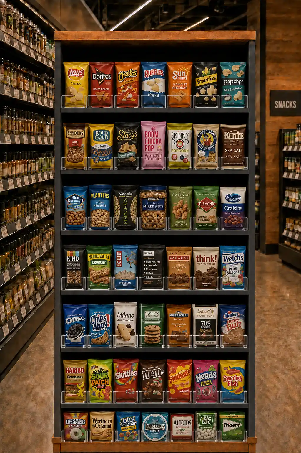Gondole de micro-marché garnie de sachets de collations redressés par les poussoirs à tablettes