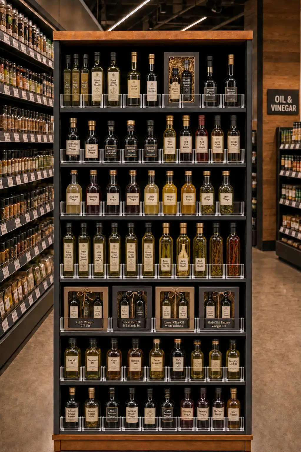 Gondole d'épicerie remplie de bouteilles d'huiles de cuisson et de vinaigres, vue de l'allée