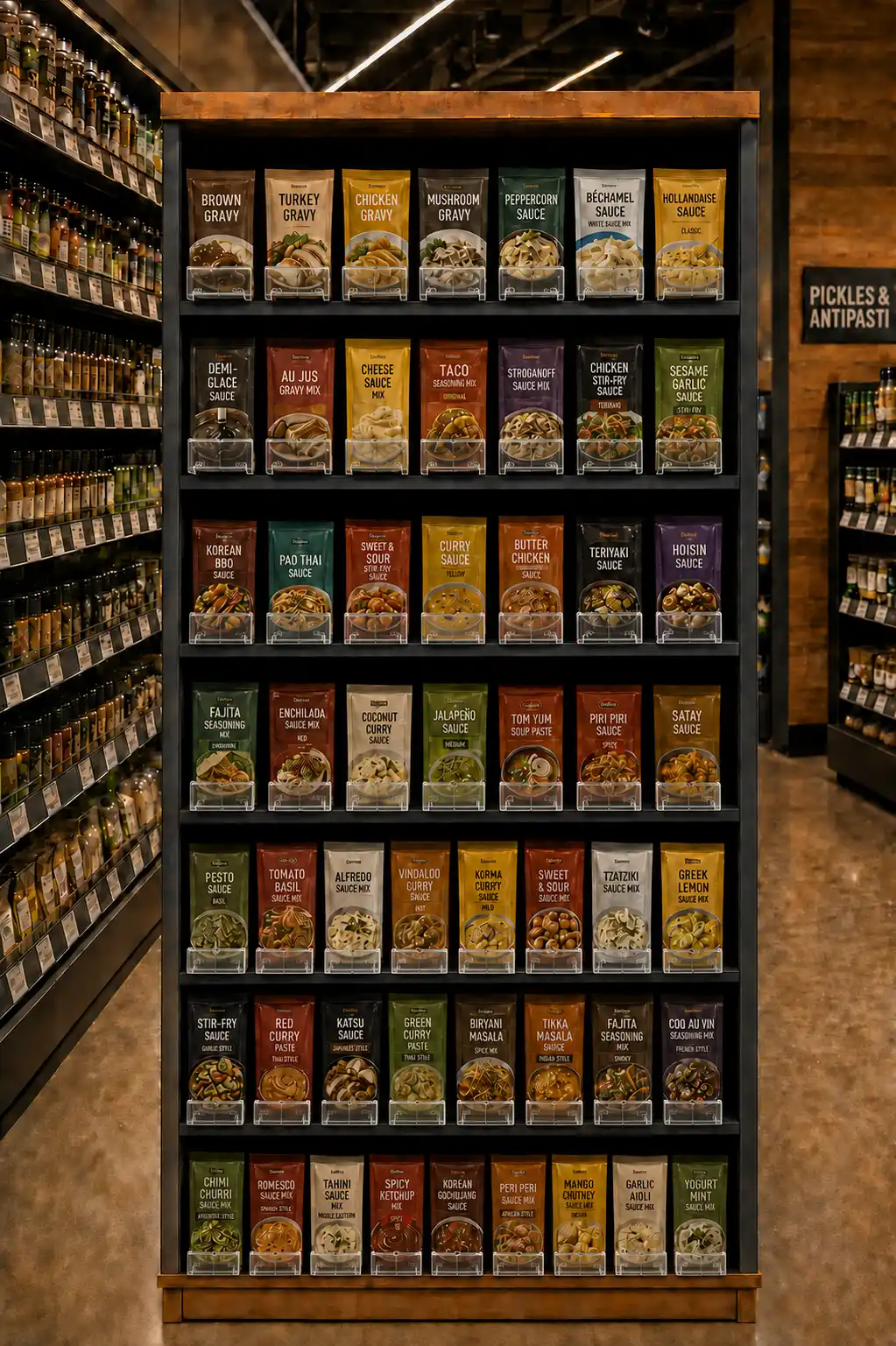 Bouteilles et pots de condiments répartis en couloirs étroits par des séparateurs de tablette