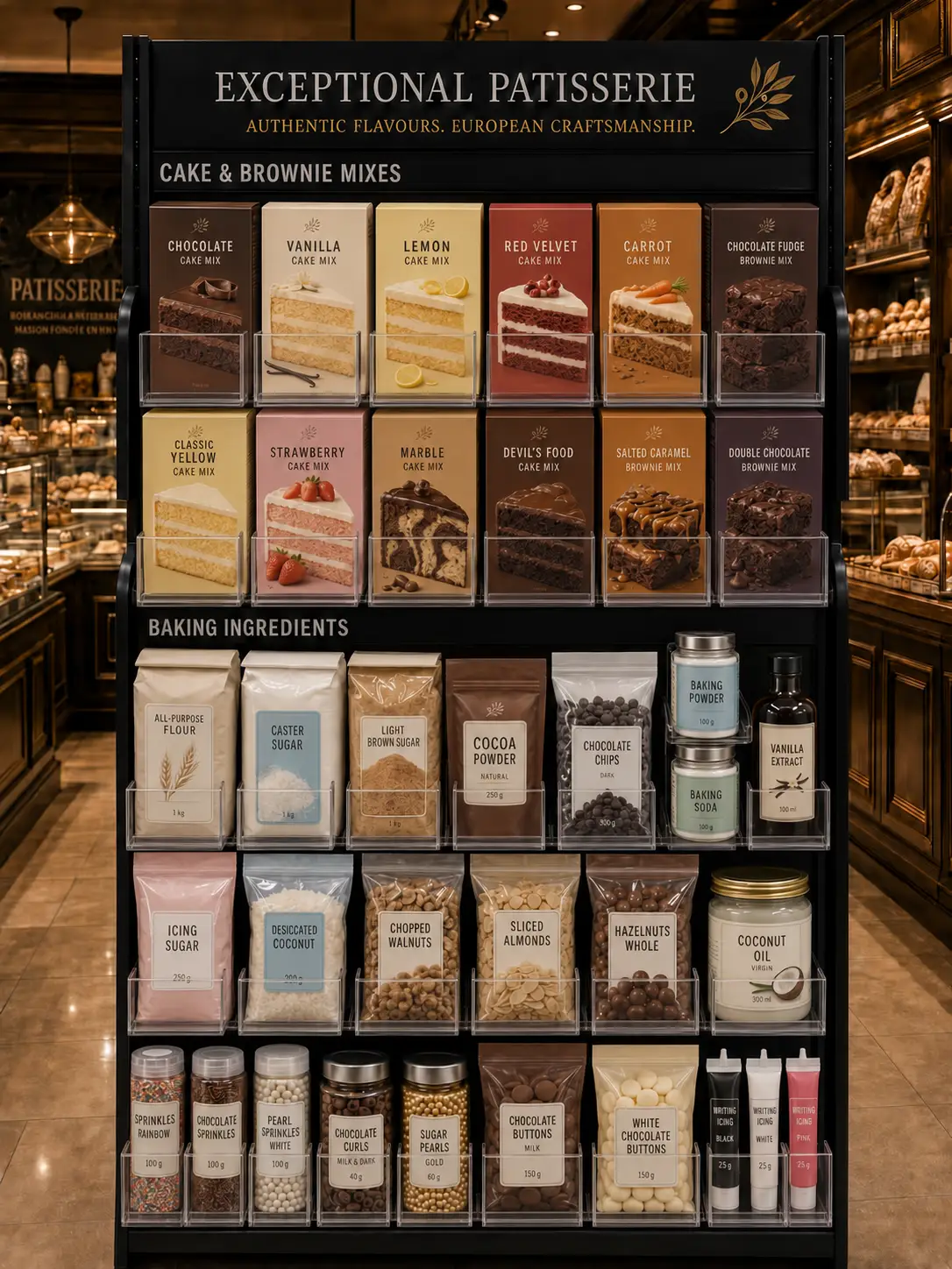 Présentoir de mélanges à gâteaux — Systèmes de poussoirs à tablettes pour desserts | Concept P.O.S. Présentoir de desserts à préparer : boîtes de mélanges à gâteaux tenues droites par des séparateurs