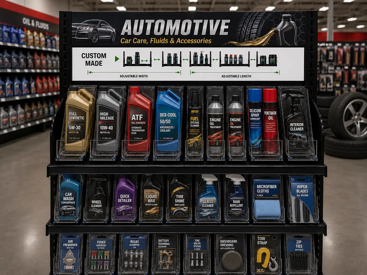 Custom-made car care display for an auto parts store, header showing available pusher widths