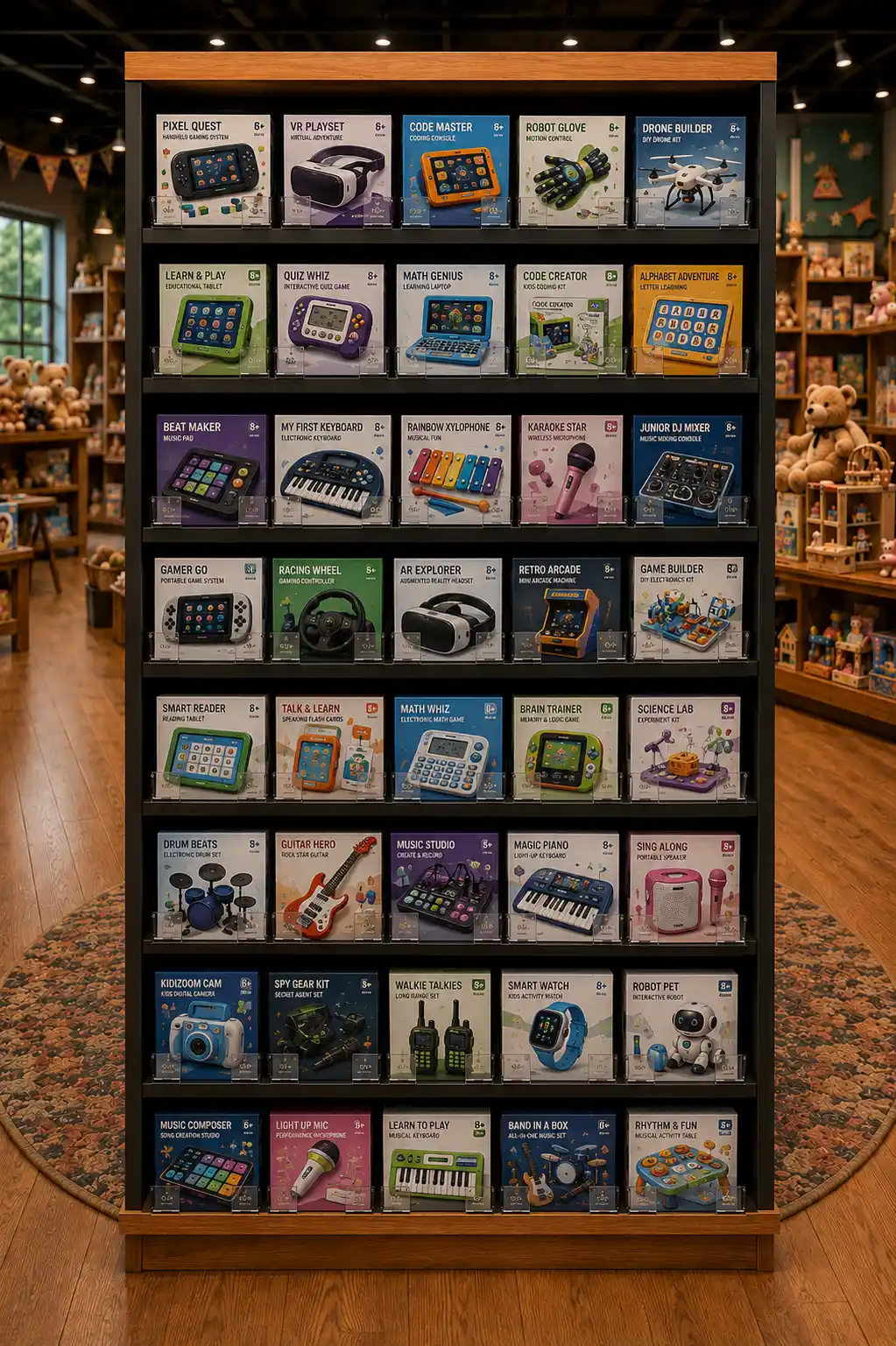 Casse-têtes et jeux présentés à plat et debout sur les tablettes d'un magasin de jouets