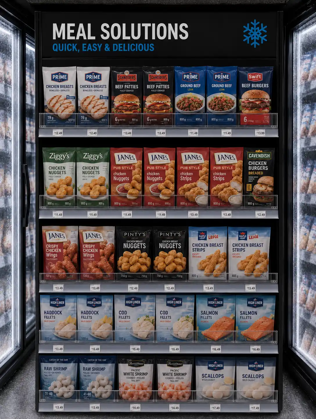 Tall frozen meals display where every row is kept fronted by spring-loaded shelf pushers