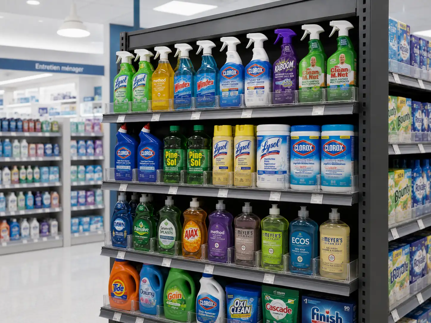 Angled view of household cleaning shelves where bottles stay upright at the shelf edge