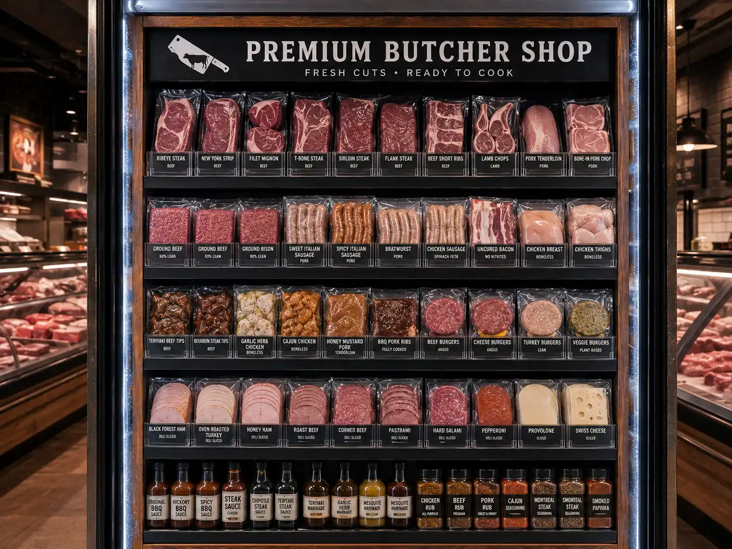 Butcher display with sauces — Shelf Management Systems for Butcher Shops | Concept P.O.S. Butcher shop display of trays, sausages and sauces with price display mouldings