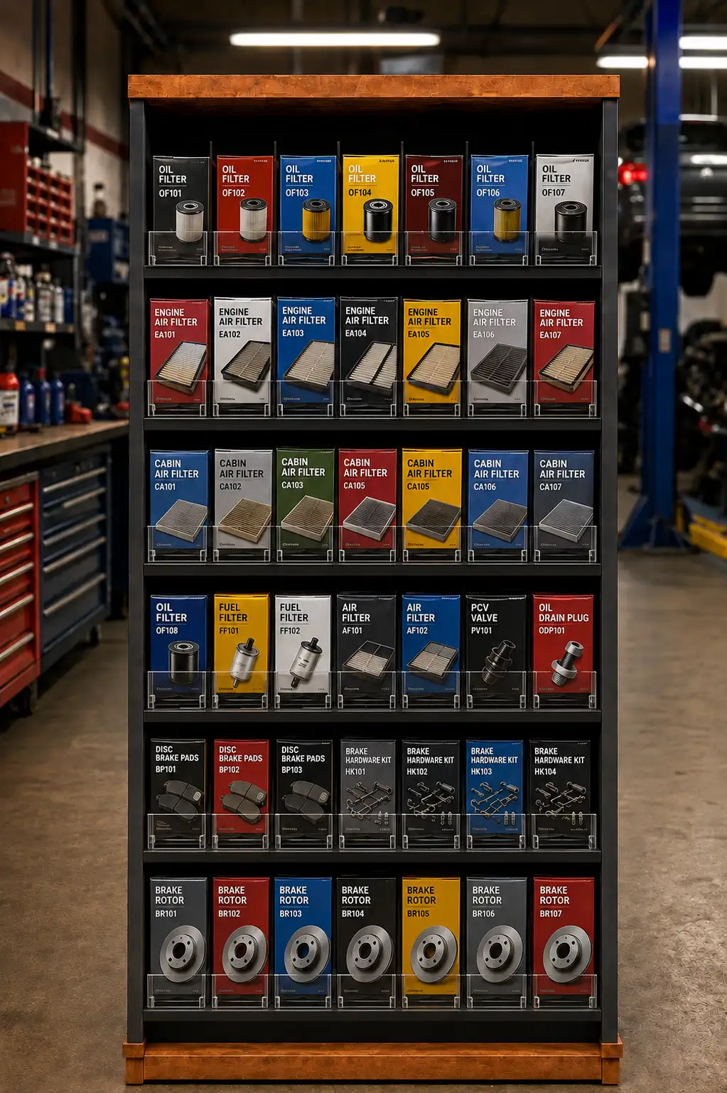 Framed auto parts display with boxes squared up and aligned across five stacked shelves
