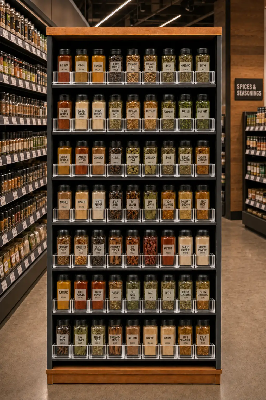 Spice bay in the aisle where dividers and tracks keep each variety neatly in place