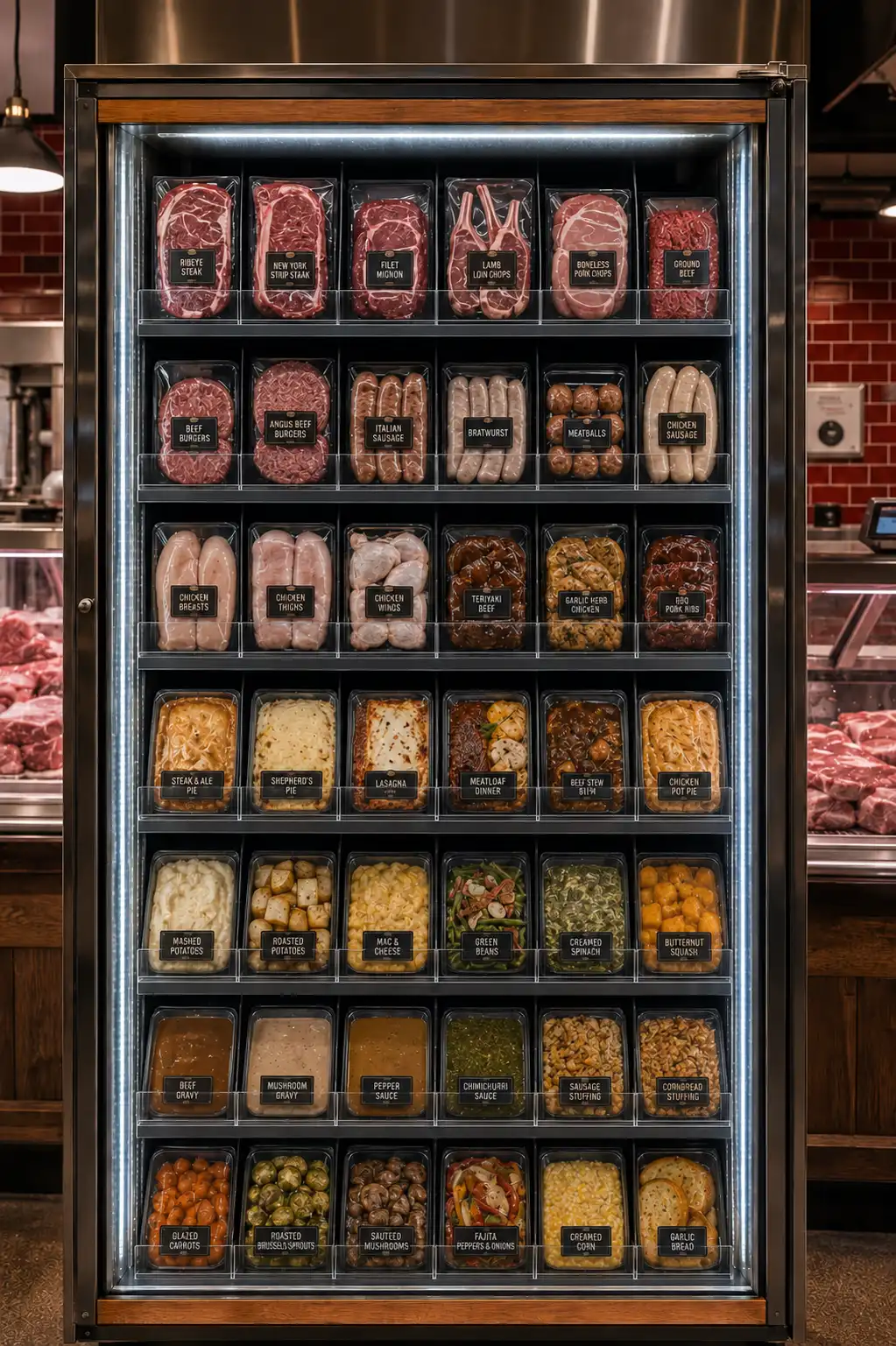 Narrow butcher shop unit — Shelf Management Systems for Butcher Shops | Concept P.O.S. Narrow butcher shop unit filled with meat trays and marinated ready-to-cook items