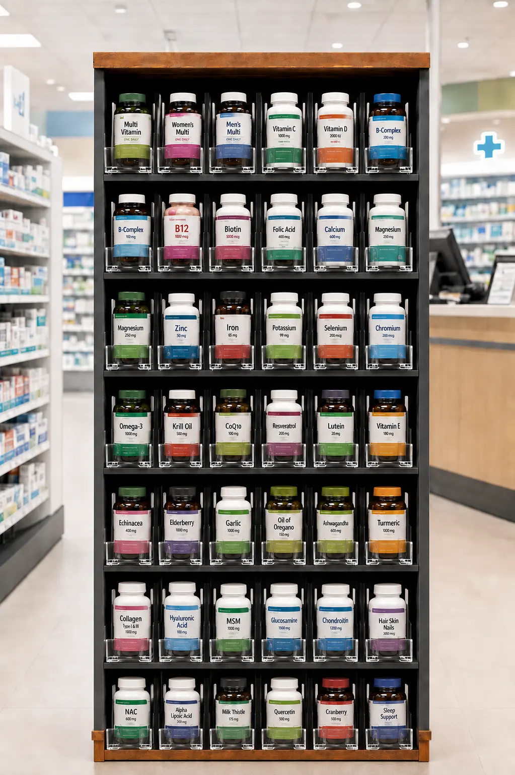 Haute gondole de pharmacie où des rangées de bouteilles de suppléments sont ramenées vers l'avant