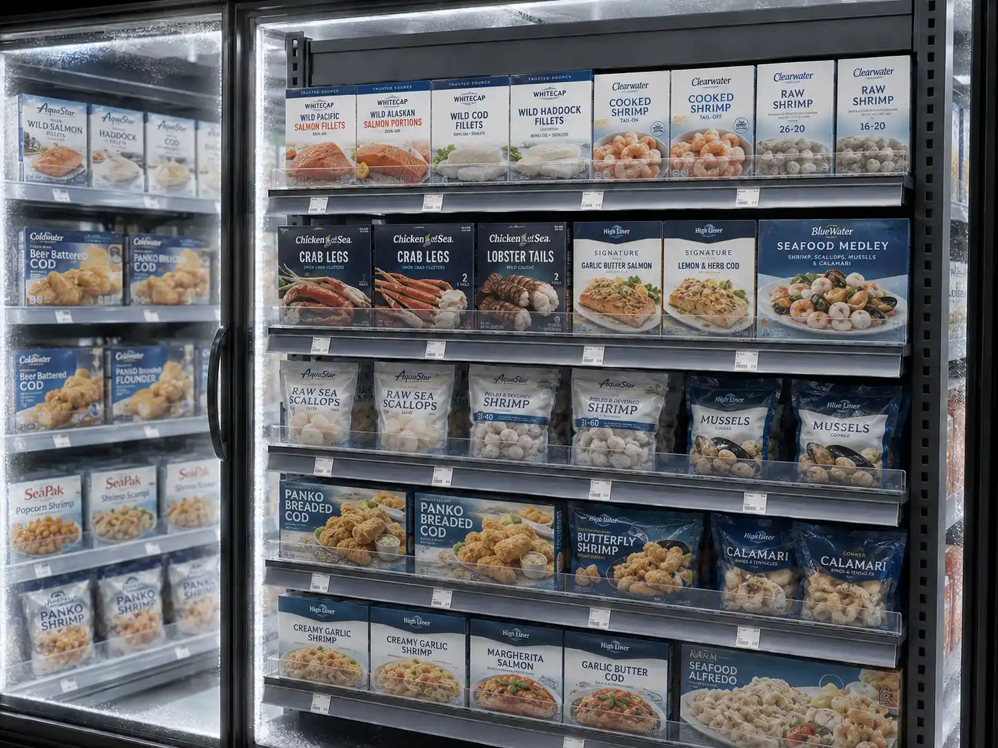 Vitrine réfrigérée de fruits de mer — Gestion de tablettes pour poissonneries | Concept P.O.S. Vitrine vitrée de poissonnerie : crevettes, pattes de crabe et plats de fruits de mer en rangées