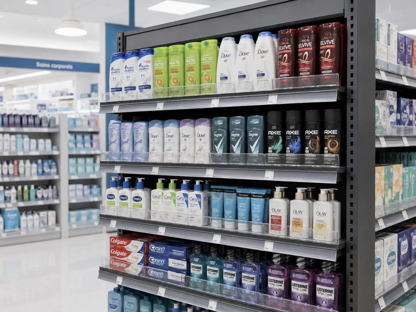 Personal care gondola aisle view — Personal Care Shelf Management Systems | Concept P.O.S. Angled view of a personal care gondola stocked with neatly faced bottles