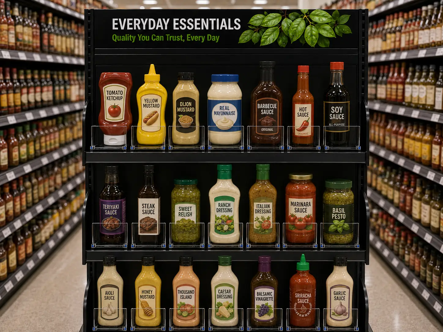 Sauces et condiments courants tenus en façade automatique sur trois tablettes d'un bout d'allée