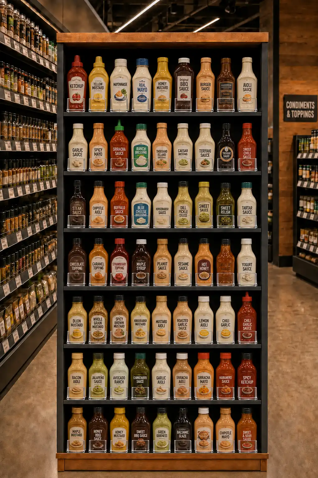 Mur de sauces entièrement garni, du bas vers le haut, sans trou visible entre les bouteilles