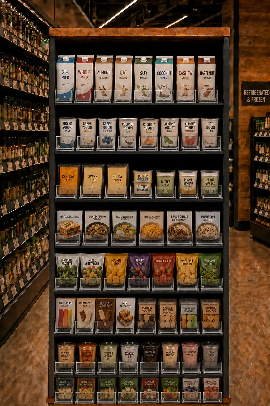 Vue de trois quarts d'une gondole de micro-marché : boîtes et sachets tenus droits sur chaque tablette