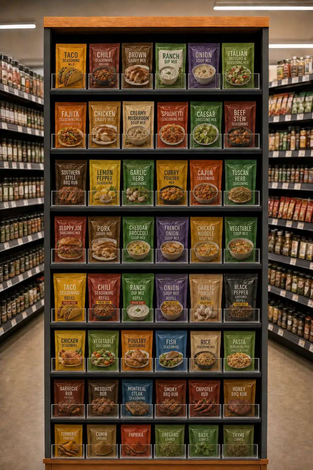 Colourful spice packet and box aisle with products held straight across the shelves