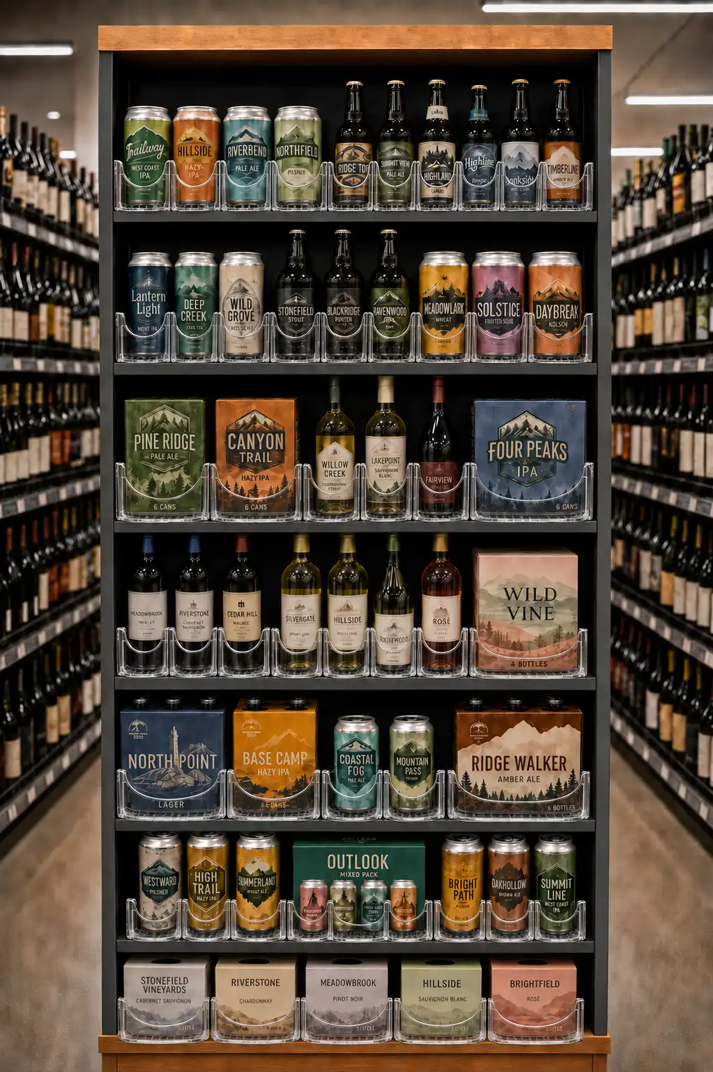 Front view of a beverage gondola with cans and bottles pushed to the edge of each shelf