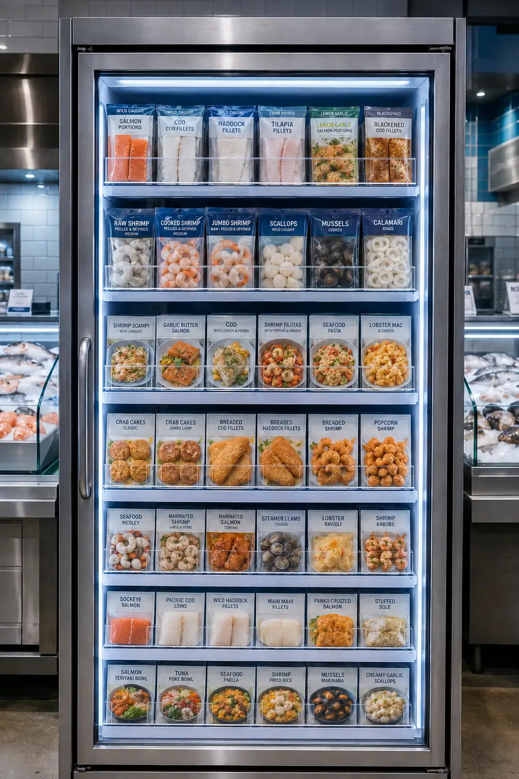 Congélateur vitré de poissonnerie — Gestion de tablettes pour poissonneries | Concept P.O.S. Congélateur vitré étroit de poissonnerie, tablettes de produits de la mer emballés bien remplies