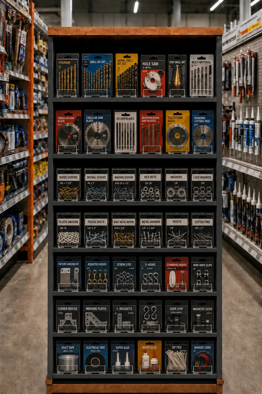 Rayon d'outils et forets en boîtes — Poussoirs à tablettes pour quincailleries | Concept P.O.S. Rayon de quincaillerie où lames, forets et petites boîtes restent bien en avant sur chaque tablette