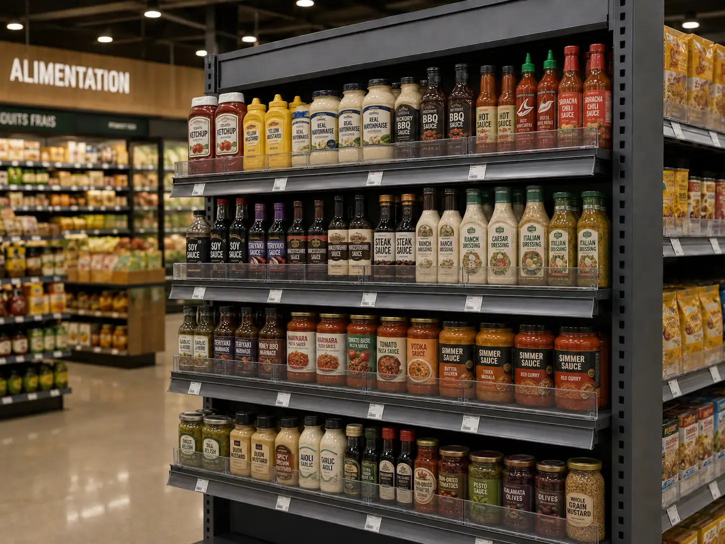 Gondole de sauces en allée: chaque tablette porte sa moulure d'affichage de prix bien lisible