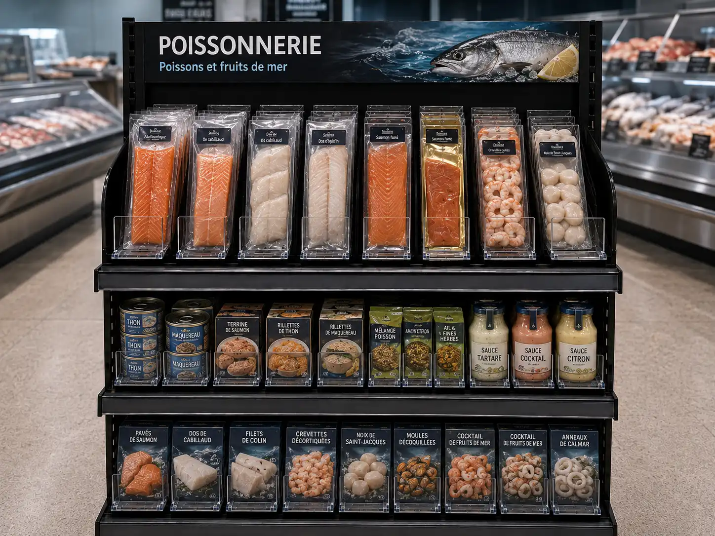Présentoir devant le comptoir de poissonnerie — Gestion de tablettes pour poissonneries | Concept P.O.S. Présentoir de poissonnerie devant le comptoir de service, filets emballés et bocaux sur deux niveaux