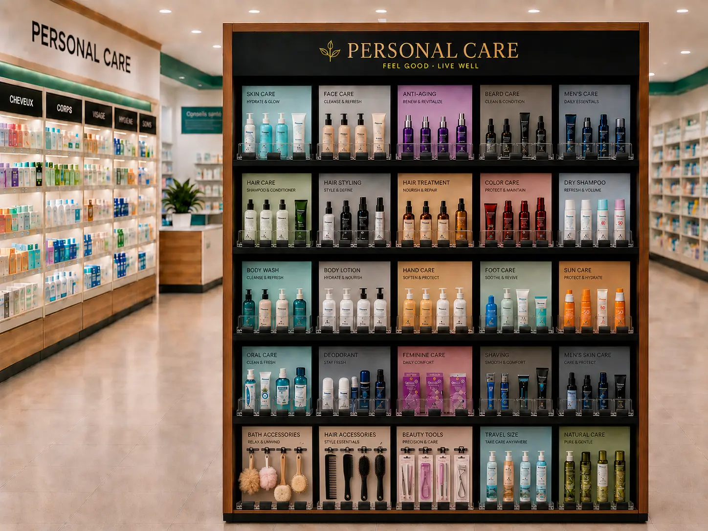Personal care pharmacy display — Personal Care Shelf Management Systems | Concept P.O.S. Personal care display in a pharmacy aisle with bottles held at the shelf edge