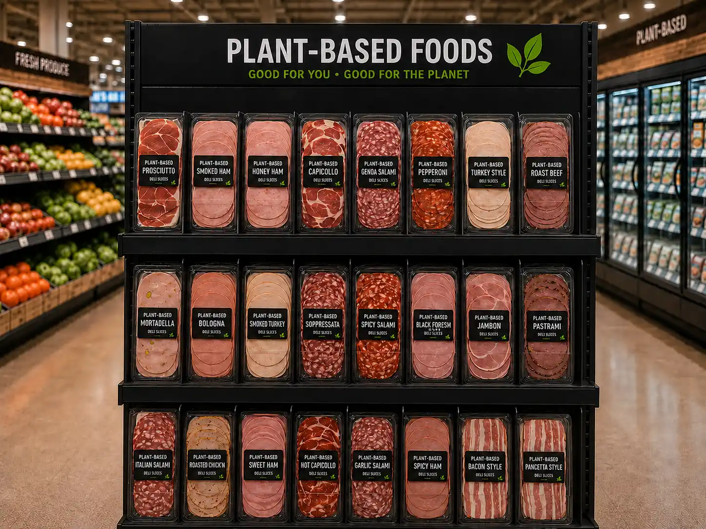 Rayon de charcuterie vu de face — Systèmes de poussoirs à tablettes pour charcuterie | Concept P.O.S. Vue de face d'un rayon de charcuterie emballée aligné par des poussoirs à tablettes