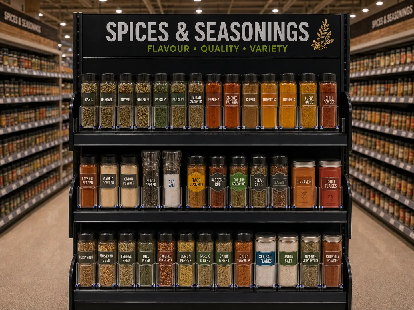 Black-header spice display with price display mouldings under each shelf level