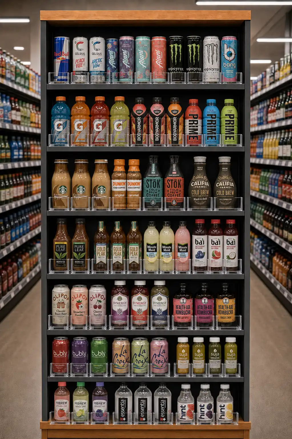 Colourful beverage aisle where tall cans stay perfectly front-faced from top to bottom shelf