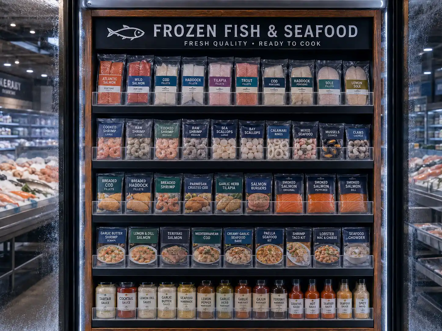 Gondole de poisson prêt à cuire — Gestion de tablettes pour poissonneries | Concept P.O.S. Gondole de poissonnerie surgelée sur quatre tablettes, sauces et bouteilles rangées au bas