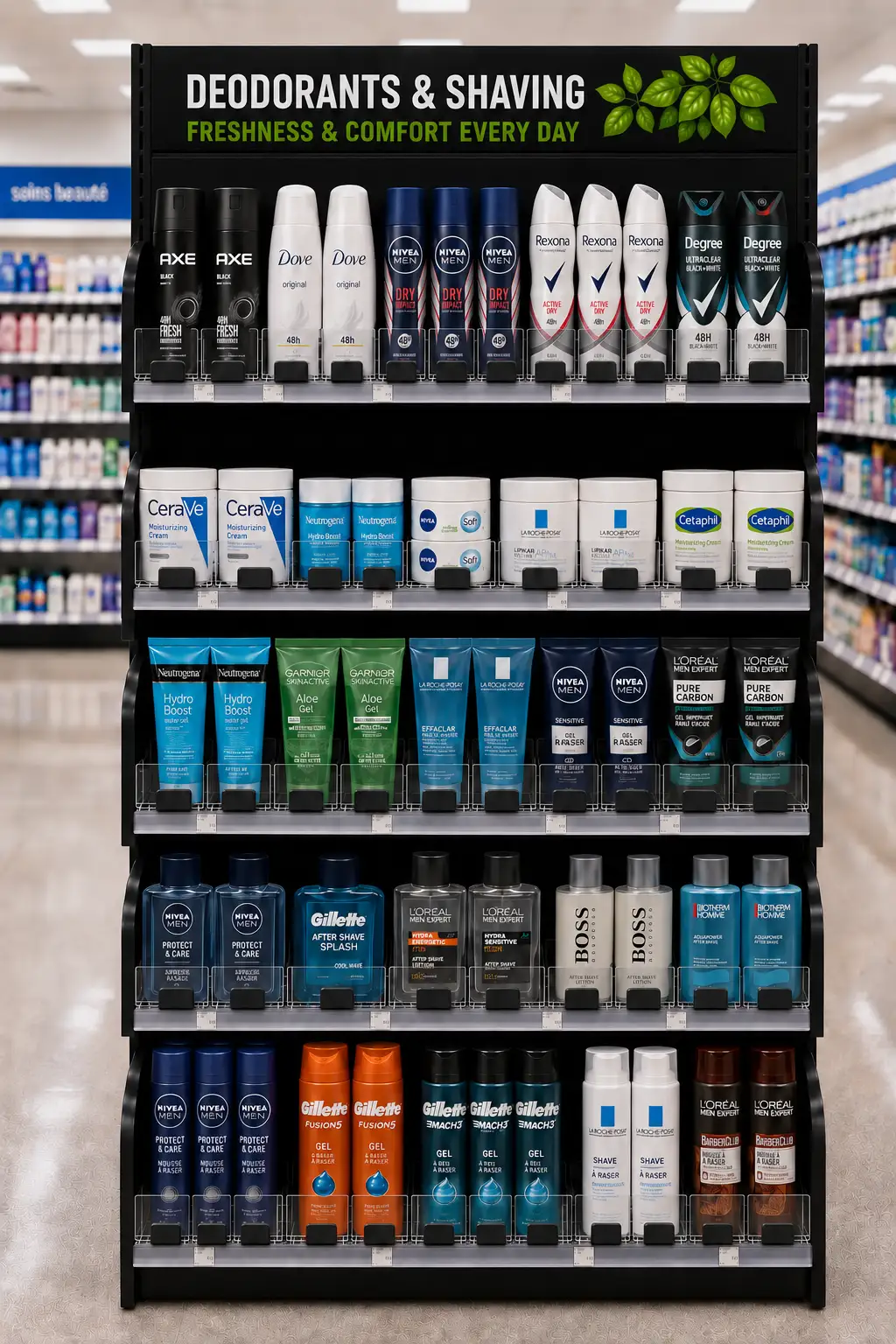 Deodorant and shaving section — Personal Care Shelf Management Systems | Concept P.O.S. Deodorant and shaving rows in personal care, aligned by shelf pushers on each shelf