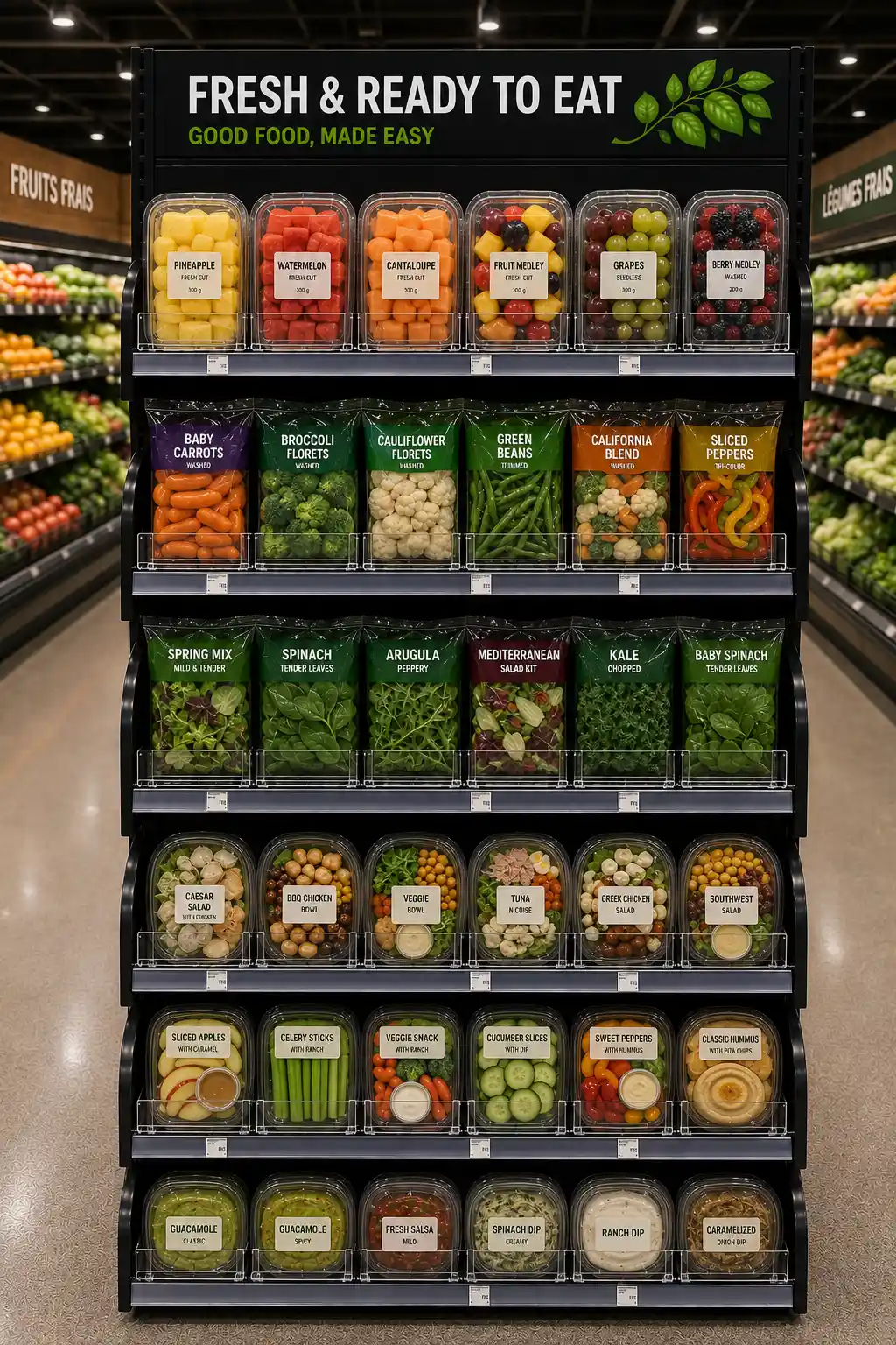 Présentoir d'épicerie de prêt-à-manger frais, emballages alignés par poussoirs et séparateurs