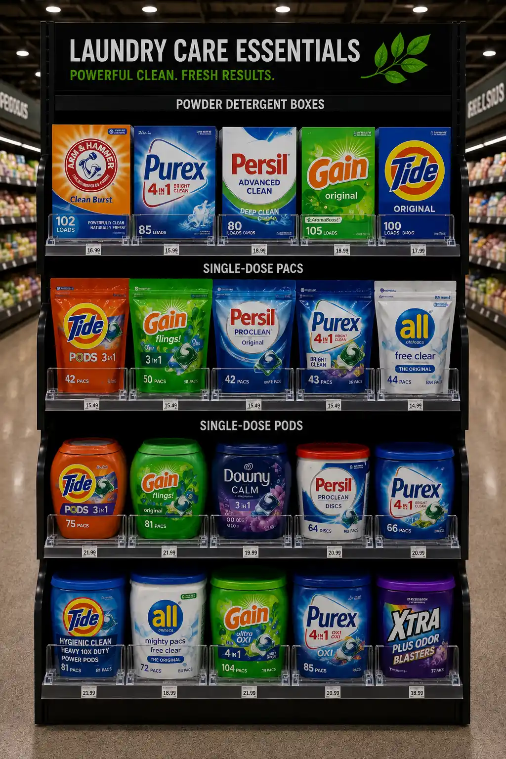 Laundry section of a household cleaning aisle: detergent boxes and single-dose packs lined up