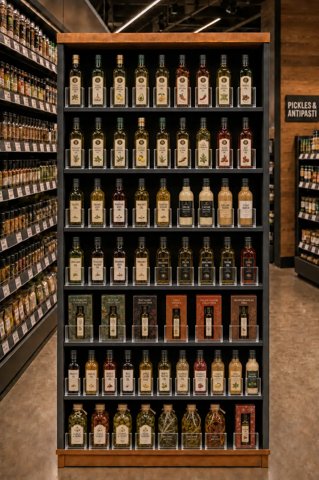 Section d'huiles de cuisson dont chaque rangée reste alignée en façade automatique jusqu'au bord