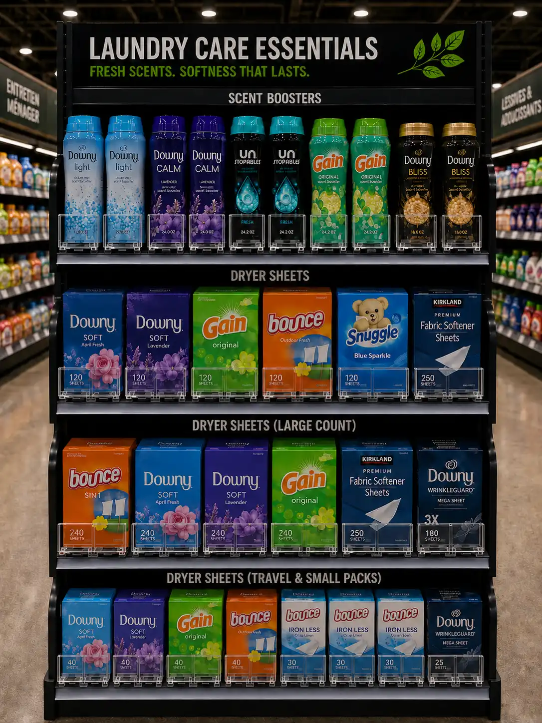Scent boosters and dryer sheets on compartmented household cleaning shelves with dividers