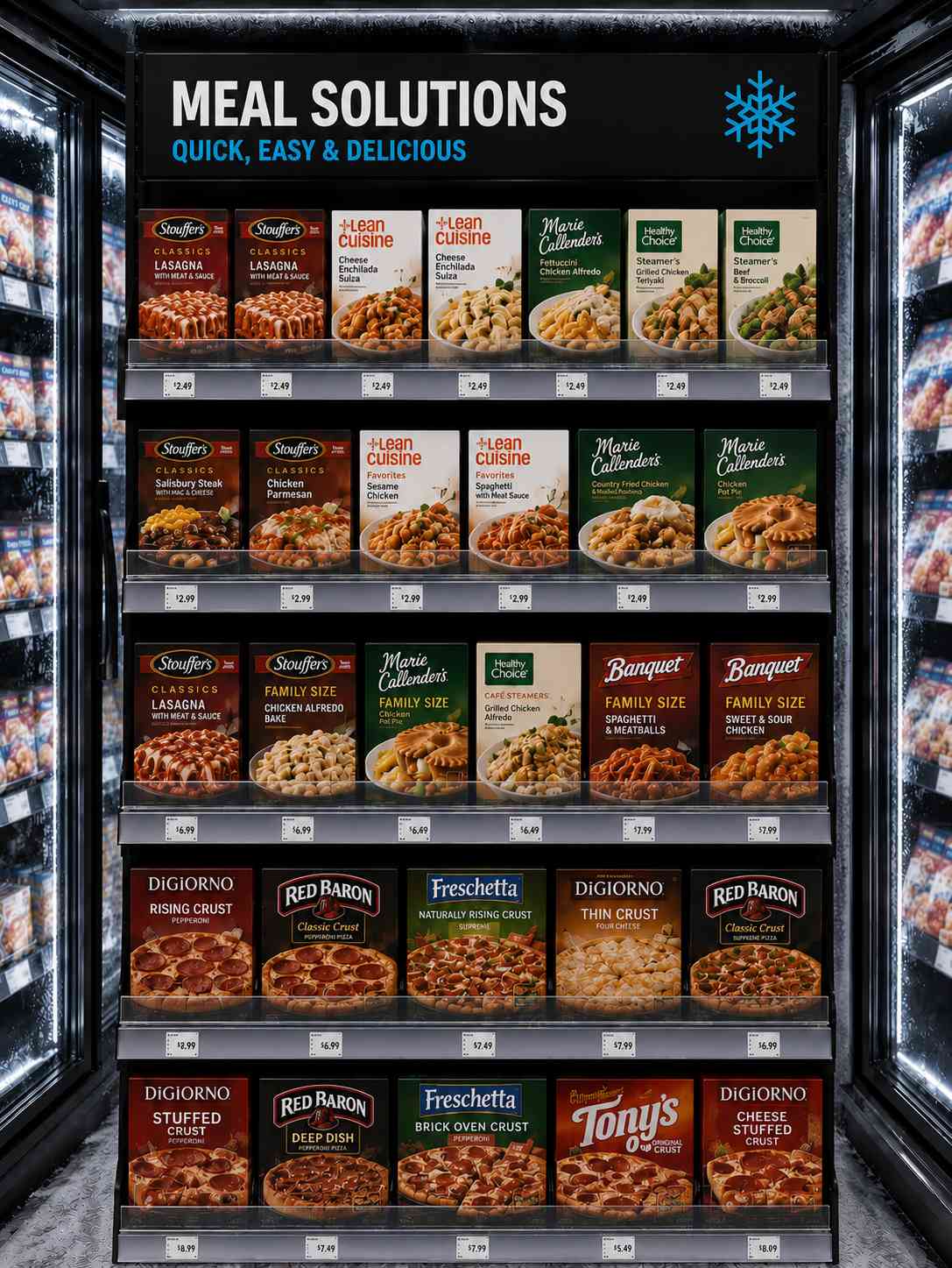 Frozen entrée boxes packed in straight rows, kept apart by dividers across the full shelf