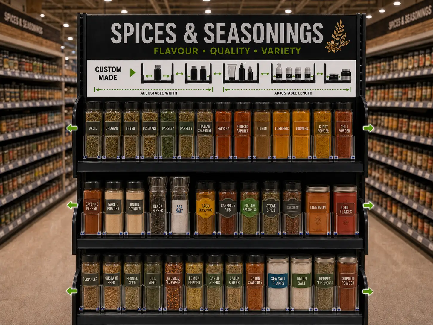 Custom-built spice display with pusher widths matched to each jar format on the shelf