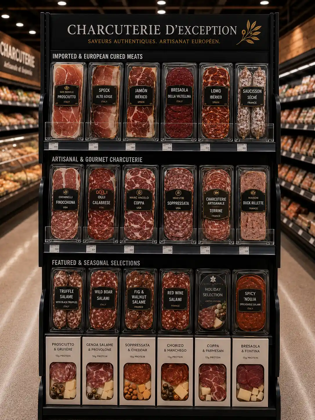 Présentoir de charcuterie fine — Systèmes de poussoirs à tablettes pour charcuterie | Concept P.O.S. Présentoir étroit de charcuterie fine avec moulures d'affichage de prix sous chaque tablette