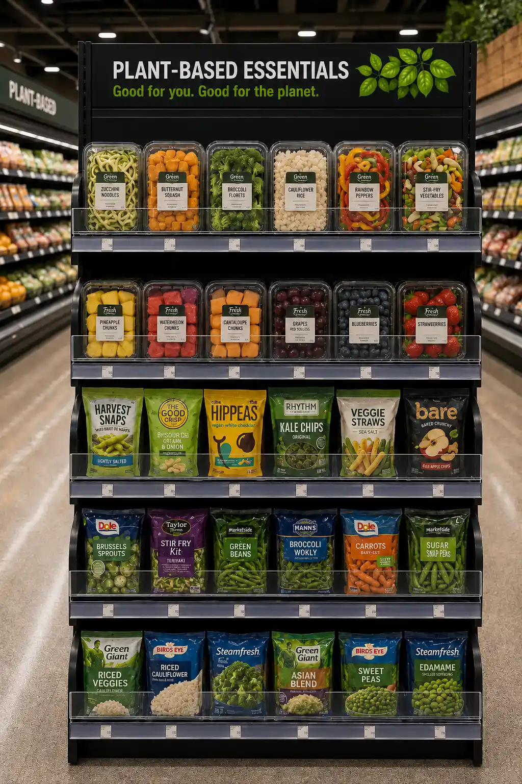 Gondole verticale bien remplie de produits végétaux, tablettes équipées de séparateurs et de poussoirs