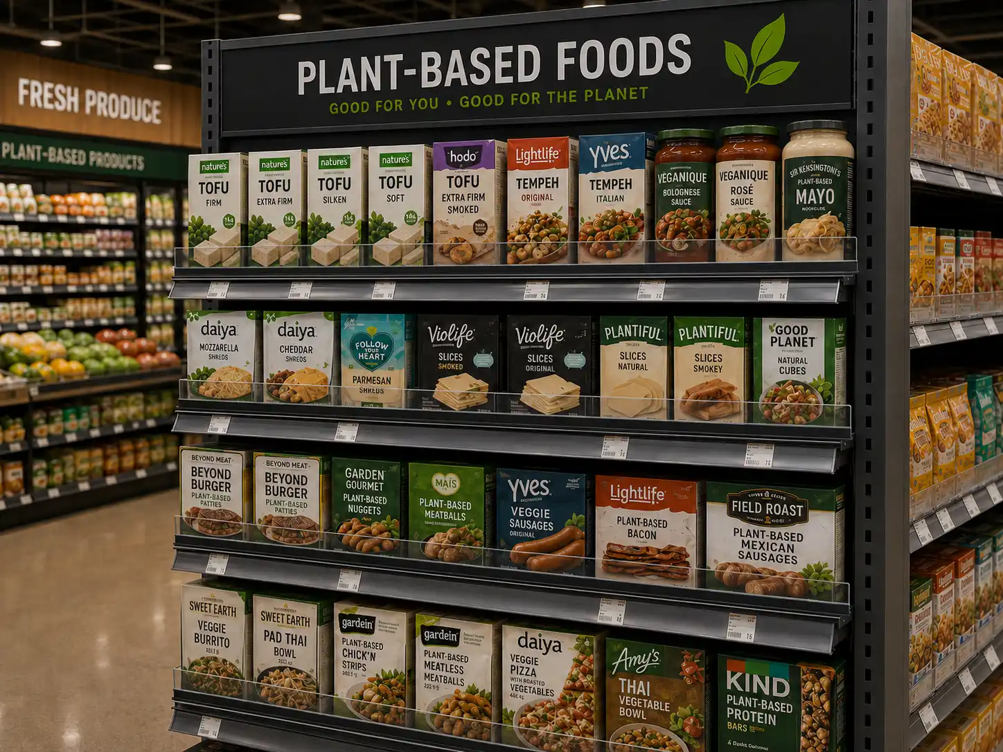 Vue en angle de l'allée végétale : tofu, simili-viandes et bocaux ramenés à l'avant des tablettes