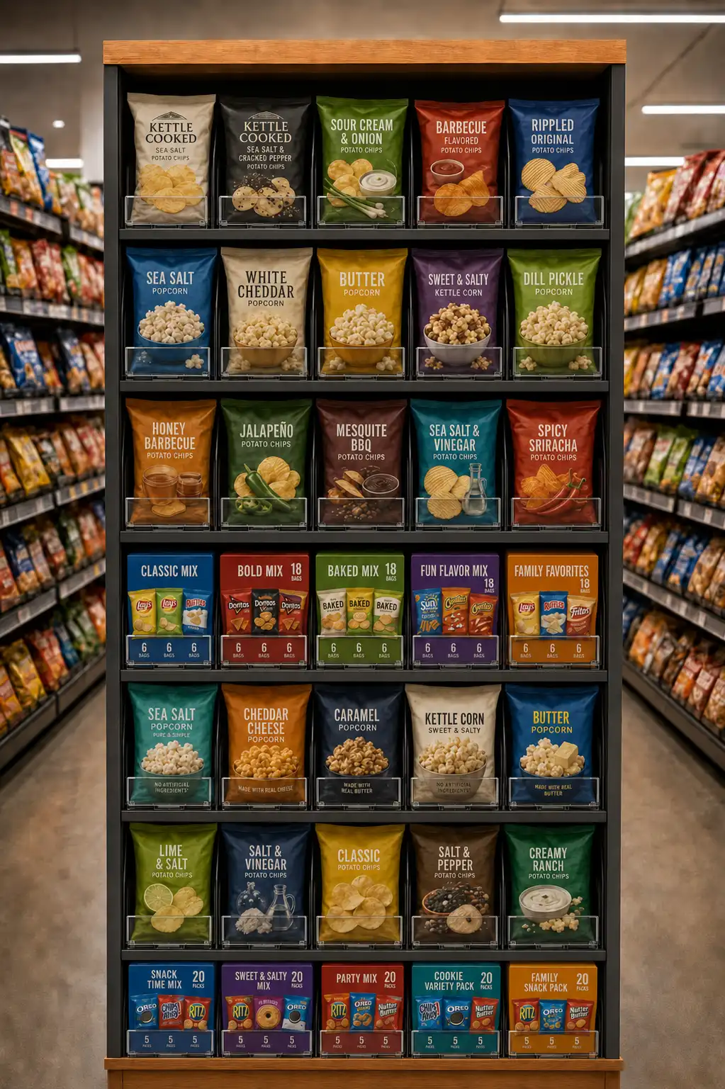Sachets de croustilles et de noix ramenés vers l'avant de chaque tablette de la gondole de collations