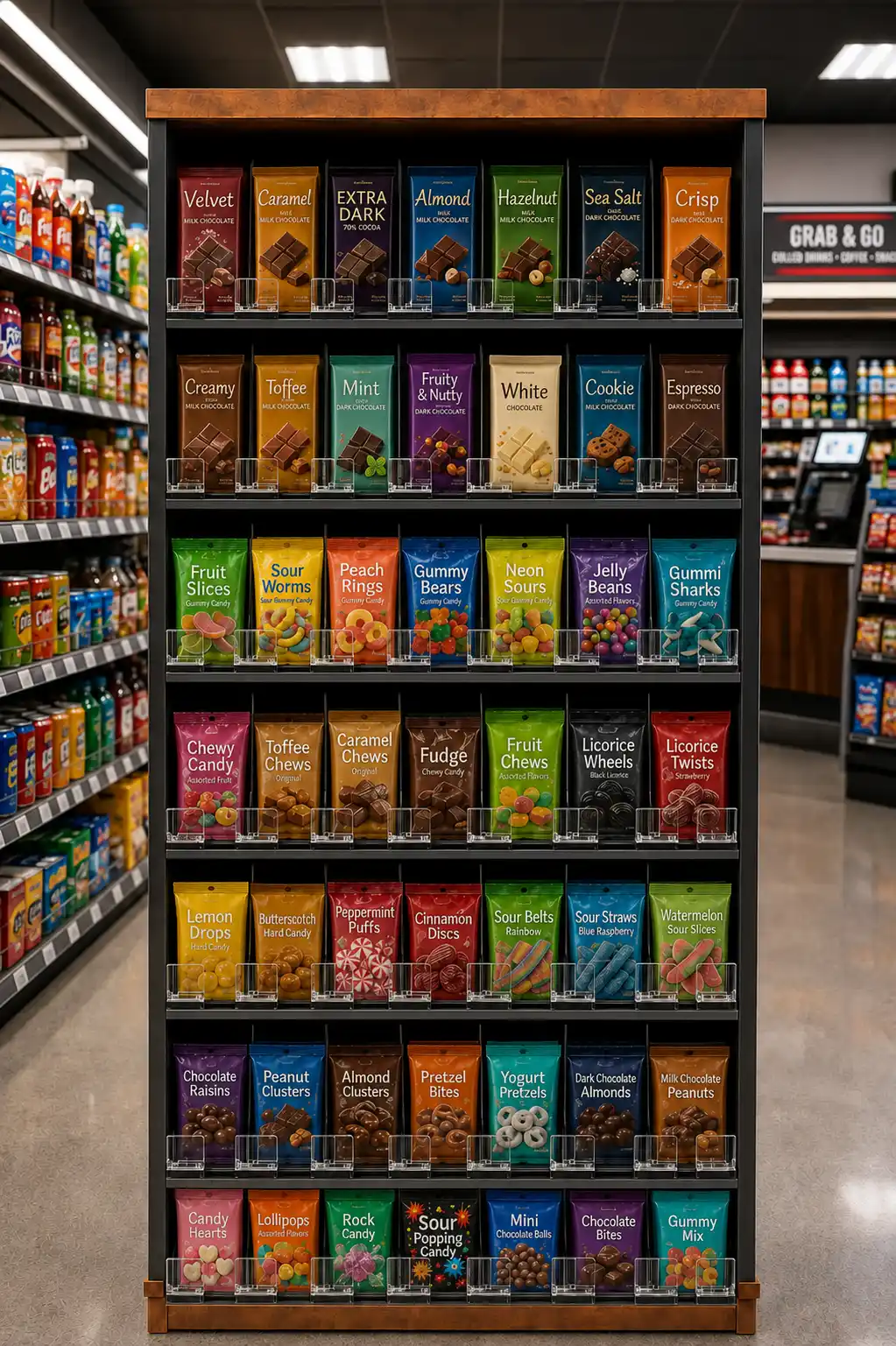Narrow convenience store gondola stocked with packaged snacks and bottled drinks