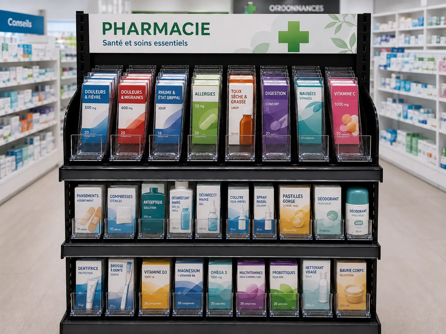 Présentoir de pharmacie à gradins, boîtes de soins essentiels présentées en rangées inclinées