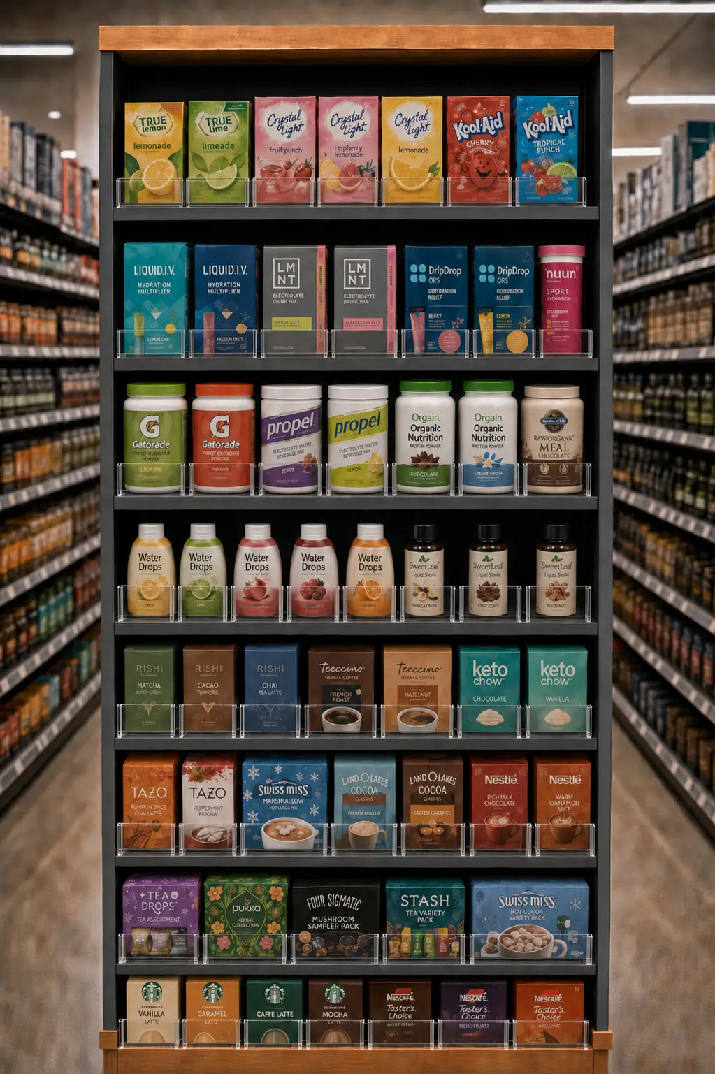 Mixed beverage display where dividers keep every format in its own column on the shelf