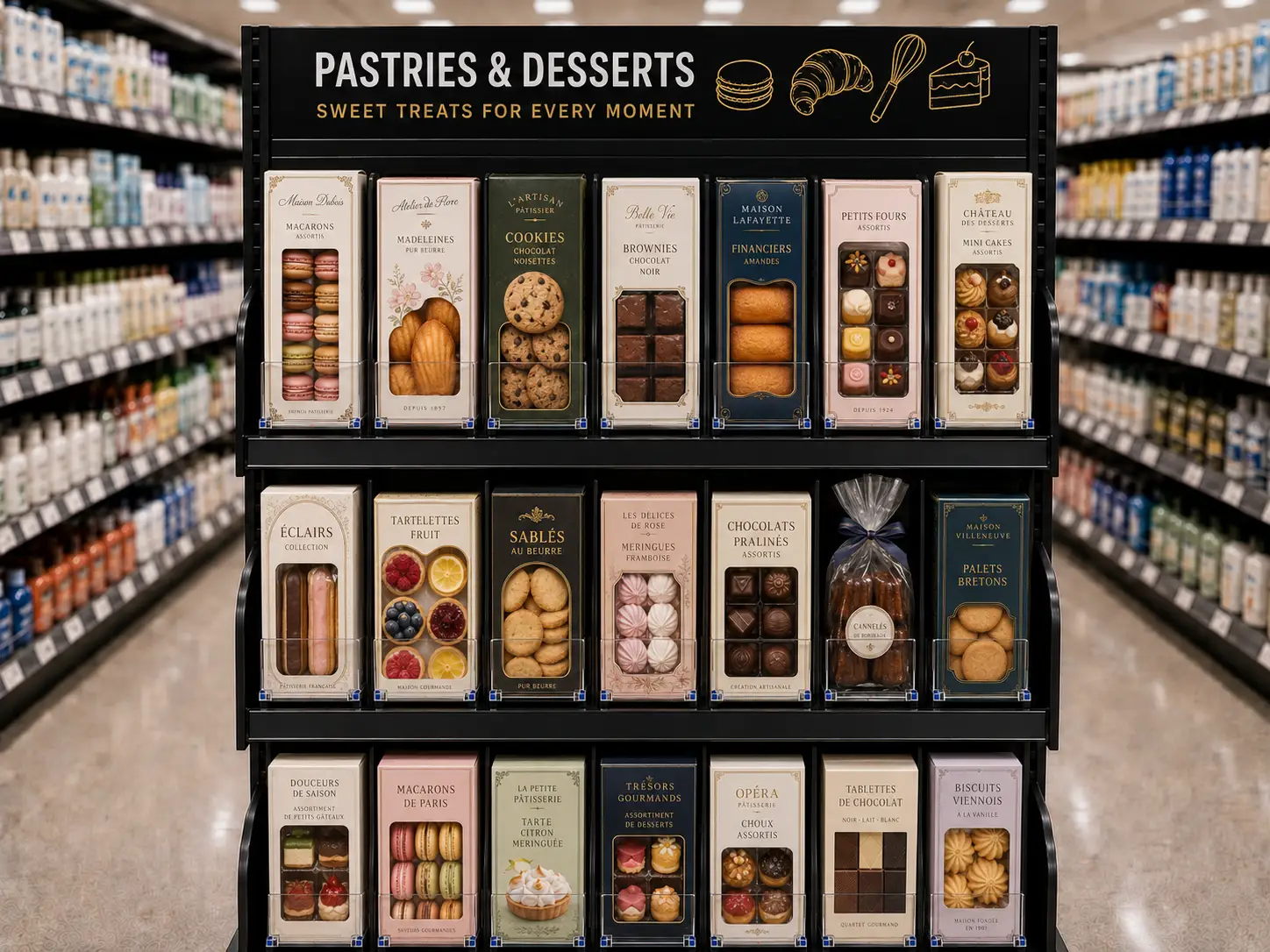 Tablettes de desserts sucrés emballés — Systèmes de poussoirs à tablettes pour desserts | Concept P.O.S. Tablettes de desserts emballés alignées en rangs serrés, chaque colonne ramenée en façade automatique
