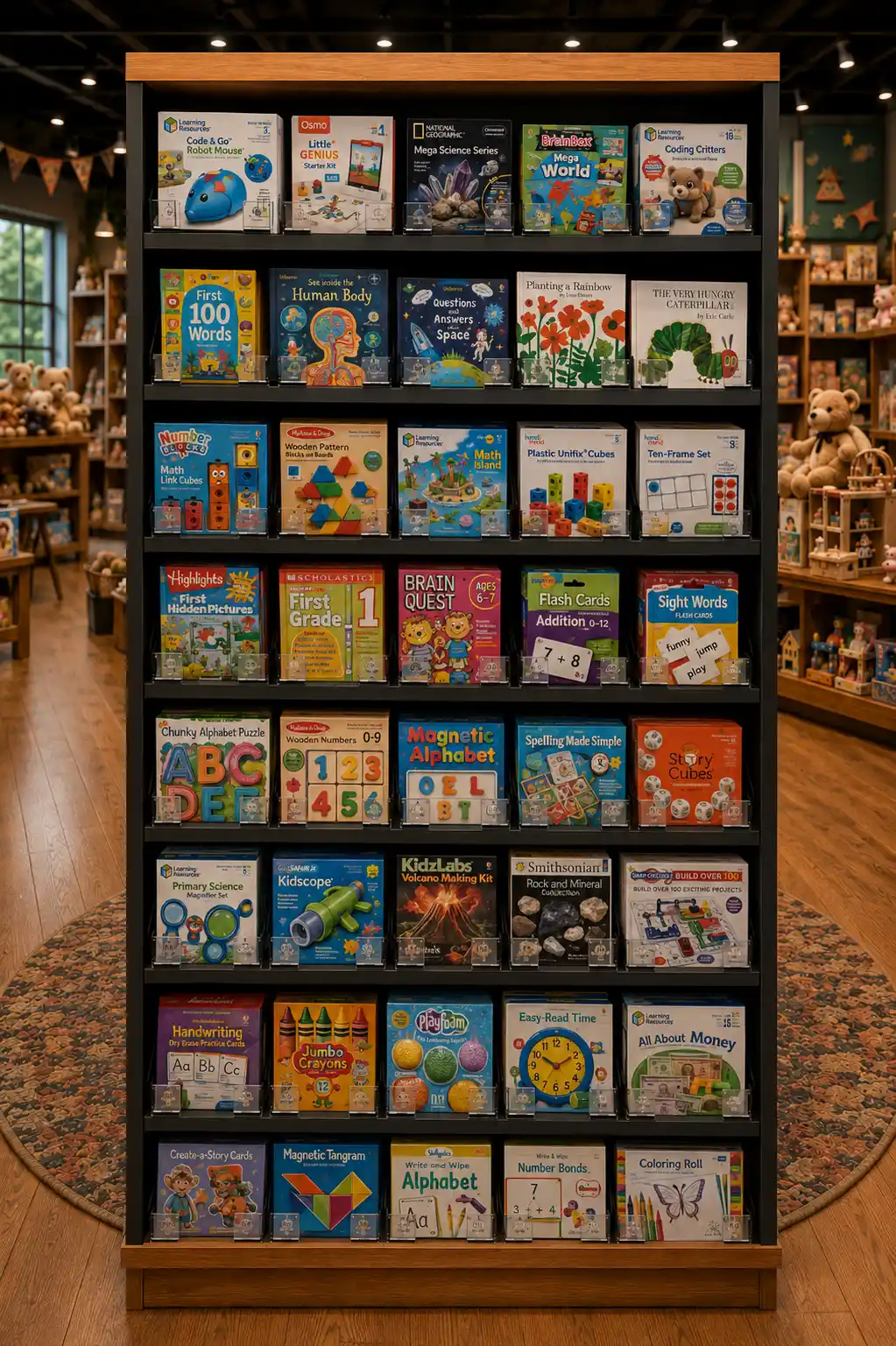 Présentoir de jouets à entête de bois, boîtes de jeux serrées sur six tablettes
