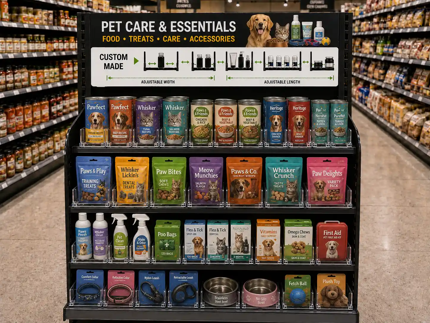 Présentoir d'animalerie sur mesure : gâteries, flacons et bols répartis sur trois paliers